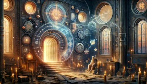 hall of the fallen,portal,clockmaker,3d fantasy,the threshold of the house,ornate room,apothecary,fantasy picture,cathedral,fantasy art,sanctuary,mirror of souls,tabernacle,church painting,portals,candlemaker,alchemy,dandelion hall,chamber,sci fiction illustration
