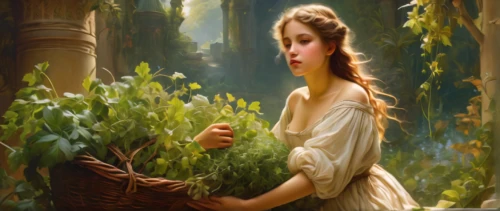 girl in the garden,girl picking flowers,emile vernon,children's fairy tale,faery,mystical portrait of a girl,jessamine,girl with tree,fairy tale character,faerie,woman at the well,girl picking apples,girl with bread-and-butter,fantasy picture,the prophet mary,the annunciation,a fairy tale,secret garden of venus,fairy tale,painting easter egg