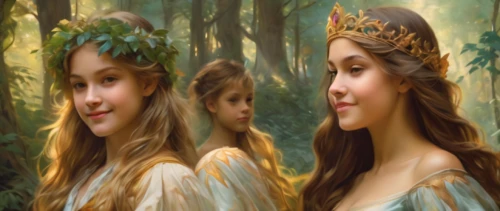 celtic woman,vintage fairies,fairies,princess crown,forest background,four seasons,jessamine,diadem,crowns,princesses,young women,fairy tale icons,fairy forest,elven forest,the three graces,fantasy picture,fantasy art,spring crown,laurel wreath,faery