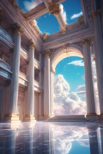 virtual landscape,atlantis,neoclassical,pillars,odyssey,artemis temple,marble palace,olympus,3d fantasy,greek temple,pantheon,hall of the fallen,vittoriano,temple fade,heaven gate,immenhausen,sky,cloud play,the ancient world,3d render,Conceptual Art,Fantasy,Fantasy 02