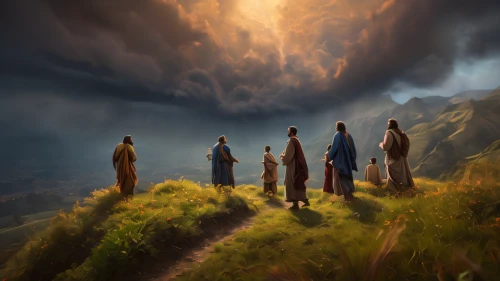pilgrims,travelers,world digital painting,fantasy picture,monks,wizards,pilgrimage,twelve apostle,druids,contemporary witnesses,pentecost,disciples,pillars of creation,journey,chasm,jrr tolkien,the twelve apostles,the mystical path,lord who rings,guards of the canyon,Photography,General,Fantasy