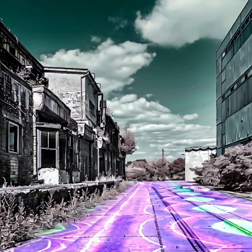 virtual landscape,urban landscape,street chalk,digital compositing,techno color,urban design,street view,laneway,digiart,racing road,bicycle path,spectral colors,townscape,paved square,city trans,highline,image manipulation,colorful city,cyberspace,asphalt