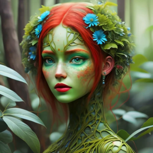 poison ivy,dryad,faery,faerie,fantasy portrait,fantasy art,elven flower,fae,flora,natura,ivy,green skin,the enchantress,elven,world digital painting,3d fantasy,rusalka,girl in a wreath,green mermaid scale,anahata