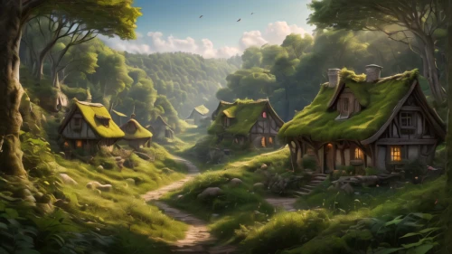 house in the forest,fairy village,little house,home landscape,fairy house,lonely house,wooden houses,fantasy landscape,hobbiton,witch's house,small house,druid grove,cartoon video game background,house in mountains,alpine village,mountain settlement,cottage,fairy forest,wooden hut,knight village,Photography,General,Natural