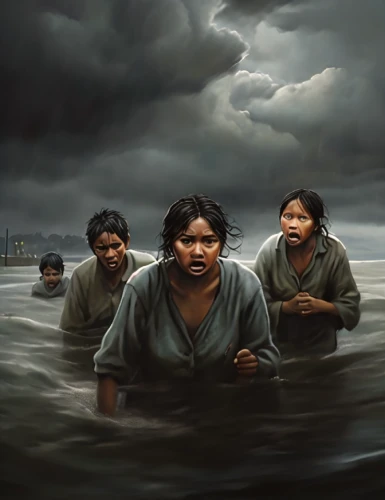 hurricane katrina,the people in the sea,bangladesh,bangladeshi taka,oil painting on canvas,kerala,floods,river of life project,world digital painting,ganges,el mar,water pollution,cd cover,the shrimp farm,southeast asia,oil on canvas,the storm of the invasion,srilanka,migrants,khokhloma painting