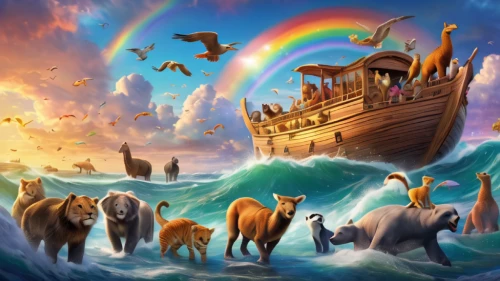 noah's ark,animal migration,fantasy picture,the ark,biblical narrative characters,trireme,sea fantasy,viking ships,rainbow at sea,fantasy art,ark,viking ship,children's background,unicorn background,noah,maelstrom,longship,vikings,god of the sea,fantasy world,Photography,General,Natural