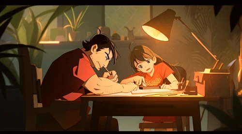 children studying,tutoring,coloring,tutor,study room,scene lighting,study,colouring,quill pen,examining,animator,kids illustration,animation,the coffee shop,fireflies,warmth,gnomes at table,coffee shop,evening atmosphere,studying