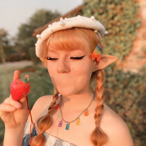 chicken lolipops,woman eating apple,red apple,eating apple,pippi longstocking,fae,disney character,red apples,frula,elf,girl picking apples,apples,worm apple,valentine gnome,disney rose,cosplay image,peach,coral charm,mock strawberry,fairy tale character