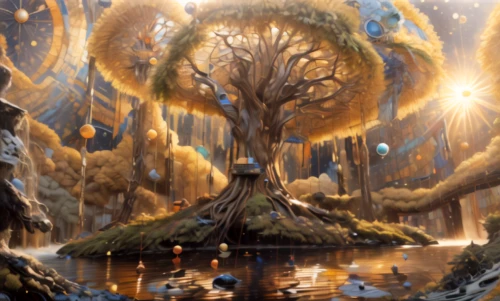 mushroom landscape,tree of life,fantasy landscape,magic tree,tree grove,fractal environment,fantasy picture,elven forest,holy forest,celtic tree,druid grove,fairy world,gold foil tree of life,terraforming,fairy forest,fantasy art,enchanted forest,bodhi tree,arcanum,old earth