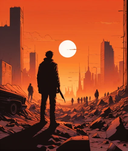 post-apocalyptic landscape,post apocalyptic,post-apocalypse,lost in war,wasteland,sci fiction illustration,apocalyptic,apocalypse,red sun,scorched earth,orange sky,dystopian,game illustration,erbore,red planet,fallout4,fallout,colony,rust-orange,book cover,Illustration,Vector,Vector 11