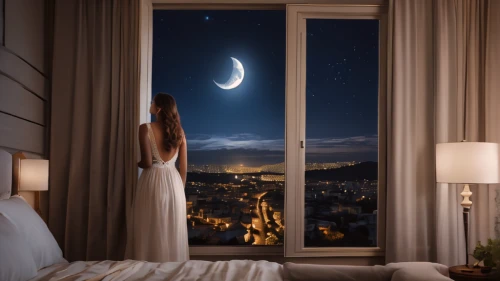 bedroom window,romantic night,moon and star background,hanging moon,nightgown,window view,the girl in nightie,moonlit night,moon night,night scene,crescent moon,window curtain,before dawn,moon phase,night image,night light,before the dawn,stars and moon,sleeping room,romantic scene,Photography,General,Natural