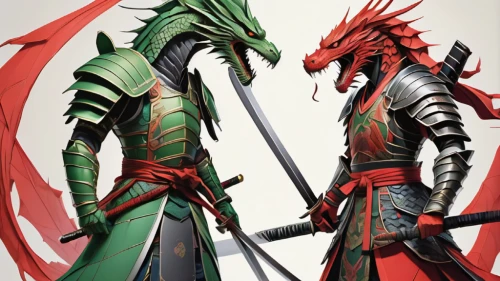 swordsmen,greed,red and green,dragon slayers,dragon of earth,dragon slayer,green dragon,dragons,samurai,swords,sword fighting,guards of the canyon,dragon boat,dragon li,duel,knight armor,warrior and orc,lancers,samurai fighter,knights,Illustration,Realistic Fantasy,Realistic Fantasy 06