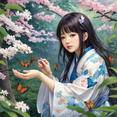 japanese floral background,japanese sakura background,girl picking flowers,floral japanese,flower painting,spring blossoms,kimono,hanbok,blossoms,japanese art,sakura blossom,spring background,sakura background,girl in flowers,sakura blossoms,falling flowers,white blossom,mukimono,holding flowers,the cherry blossoms,Illustration,Japanese style,Japanese Style 10