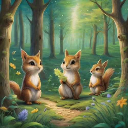 squirrels,chinese tree chipmunks,woodland animals,rabbit family,forest animals,hares,rabbits and hares,forest background,foxes,acorns,fairy forest,female hares,three friends,cartoon forest,fox stacked animals,corgis,squirell,forest glade,whimsical animals,springtime background