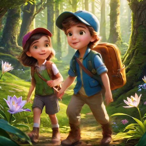 girl and boy outdoor,cute cartoon image,little boy and girl,hikers,forest workers,children's background,boy and girl,lilo,kids illustration,scouts,vintage boy and girl,happy children playing in the forest,travelers,adventure,agnes,fairies,clove garden,explore,childhood friends,backpacking