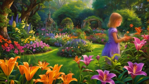 clove garden,flower garden,girl in the garden,fairy world,fairy forest,cottage garden,wonderland,sea of flowers,alice in wonderland,fairy village,girl in flowers,field of flowers,flower painting,children's background,meadow in pastel,flower meadow,girl picking flowers,flower field,yellow garden,tulip festival,Illustration,Realistic Fantasy,Realistic Fantasy 32