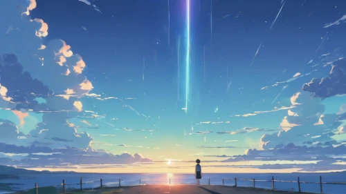 violet evergarden,sky,beacon,the horizon,world end,horizon,would a background,dusk background,bright sun,beam,summer sky,euphonium,beyond,star sky,daybreak,earth rise,dawn,falling star,starlight,the sky,Illustration,Japanese style,Japanese Style 06