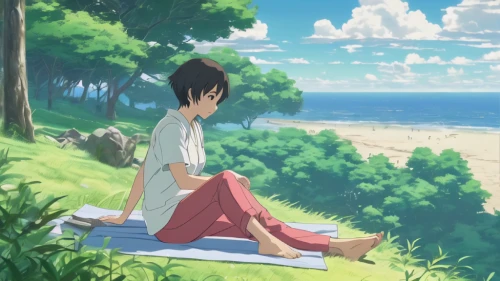 summer day,studio ghibli,idyllic,idyll,dream beach,beach scenery,picnic,in the summer,girl and boy outdoor,summer background,summer,lover's beach,beach background,sea-shore,by the sea,seaside,background image,summer feeling,beautiful beach,girl sitting,Illustration,Japanese style,Japanese Style 07