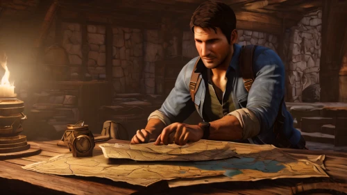 treasure map,quill,croft,quill pen,watchmaker,binding contract,fortune teller,bearing compass,blacksmith,tinsmith,reading the newspaper,merchant,treasure hunt,male character,vendor,male poses for drawing,a letter,scholar,content writers,examining,Illustration,Realistic Fantasy,Realistic Fantasy 06
