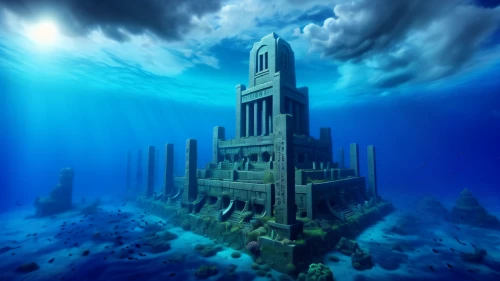 sunken church,water castle,cube sea,atlantis,underwater playground,underwater landscape,ice castle,ocean underwater,sunken ship,underwater background,house of the sea,ghost castle,tower of babel,submerged,ocean floor,undersea,god of the sea,sand castle,fantasy picture,3d fantasy