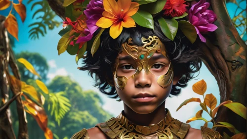 mowgli,pachamama,miguel of coco,polynesian girl,avatar,tiger lily,world digital painting,polynesian,fantasy portrait,bali,moana,aborigine,girl in a wreath,amazonian oils,girl in flowers,jaya,shamanic,dryad,sacred fig,shaman,Photography,Artistic Photography,Artistic Photography 08