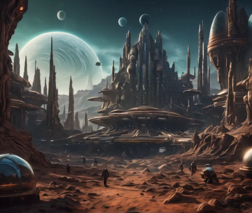 alien planet,futuristic landscape,lunar landscape,alien world,fantasy landscape,ancient city,desert planet,sci fiction illustration,exoplanet,moon valley,sci fi,terraforming,post-apocalyptic landscape,planet eart,scifi,concept art,moonscape,sci-fi,sci - fi,human settlement,Photography,General,Fantasy