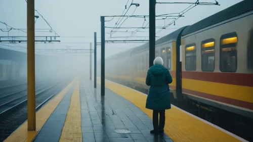 the girl at the station,foggy day,early train,last train,girl walking away,train station,train of thought,foggy,transit,rainy,in transit,misty,mist,fog,train,long-distance train,train platform,rainy day,frozen tears on railway,heavy rain,Photography,Documentary Photography,Documentary Photography 04