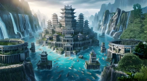 fantasy city,water castle,ancient city,3d fantasy,imperial shores,fantasy world,fantasy landscape,artificial island,futuristic landscape,wasserfall,diamond lagoon,atlantis,fantasy picture,water palace,tower fall,artificial islands,waterfalls,maya city,fractal environment,water fall