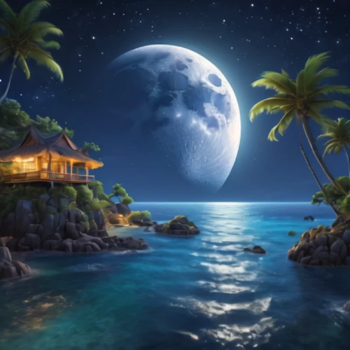tropical house,moonlit night,moon and star background,cartoon video game background,landscape background,ocean paradise,tropical island,fantasy picture,delight island,south pacific,tropical sea,dream beach,an island far away landscape,moonlight,ocean background,monkey island,moonlit,fantasy landscape,full hd wallpaper,night scene