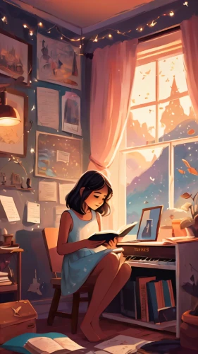 girl studying,study room,study,the little girl's room,little girl reading,bookworm,sci fiction illustration,reading,girl at the computer,playing room,background scrapbook,workspace,writing-book,classroom,relaxing reading,kids room,kids illustration,evening atmosphere,tea and books,children studying,Conceptual Art,Fantasy,Fantasy 02