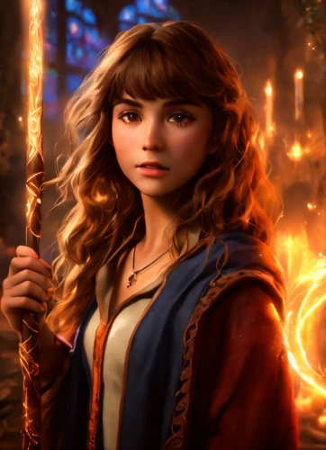 cg artwork,merida,fantasy portrait,sorceress,quarterstaff,digital compositing,fantasy picture,artemisia,visual effect lighting,fantasy art,wand,the enchantress,fairy tale character,heroic fantasy,princess anna,fire background,sci fiction illustration,joan of arc,merlin,magical