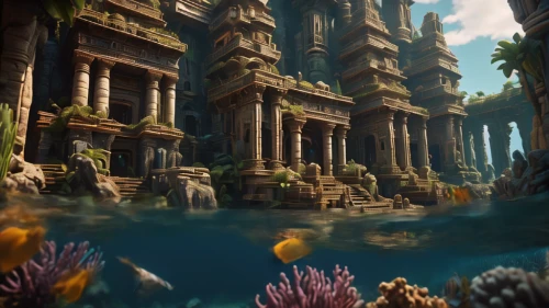 underwater oasis,underwater playground,water castle,underwater landscape,coral reef,atlantis,ancient city,water palace,imperial shores,sunken church,underwater background,long reef,house of the sea,aquarium,lagoon,artificial island,ocean floor,coral reefs,aqua studio,underwater world,Photography,General,Sci-Fi