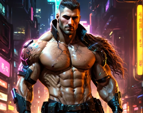 cyberpunk,male character,cyborg,cybernetics,game art,muscular,sci fiction illustration,enforcer,game illustration,background images,electro,edge muscle,muscle icon,mercenary,muscle man,male elf,renegade,3d man,massively multiplayer online role-playing game,cg artwork