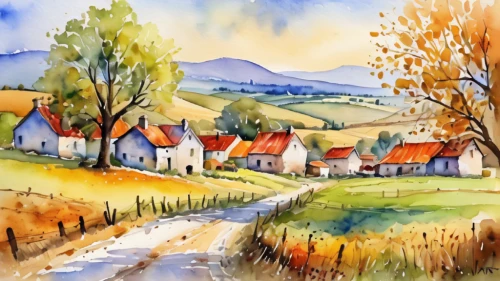 watercolor,watercolor background,autumn landscape,watercolor painting,watercolor paint,watercolor shops,fall landscape,home landscape,watercolour,rural landscape,watercolors,farm landscape,cottages,houses clipart,autumn idyll,watercolor paper,watercolor sketch,water color,landscape background,autumn scenery,Illustration,Paper based,Paper Based 24