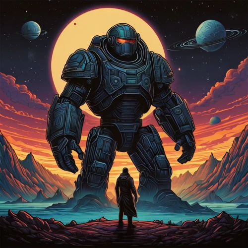 sci fiction illustration,sci fi,sci-fi,sci - fi,album cover,scifi,robot icon,bot icon,game art,game illustration,robot in space,mecha,cg artwork,nebula guardian,fallout,science fiction,would a background,gas planet,aquanaut,mission to mars