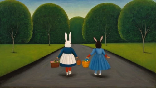 hare trail,rabbits and hares,hares,hare field,rabbits,passepartout,crossroad,peter rabbit,stroll,fox and hare,rabbit family,female hares,grant wood,country road,pedestrian,forest road,little girls walking,woman walking,pilgrims,bunnies,Art,Artistic Painting,Artistic Painting 02