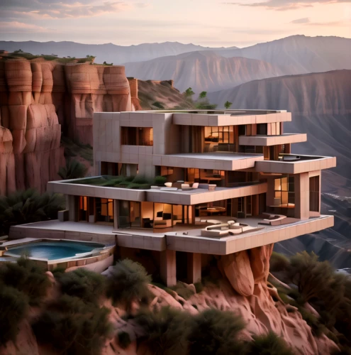 dunes house,futuristic architecture,luxury property,house in the mountains,luxury real estate,modern architecture,house in mountains,cliff dwelling,luxury home,jewelry（architecture）,cubic house,canyon,futuristic landscape,beautiful home,the desert,dune ridge,penthouse apartment,3d rendering,modern house,cube stilt houses