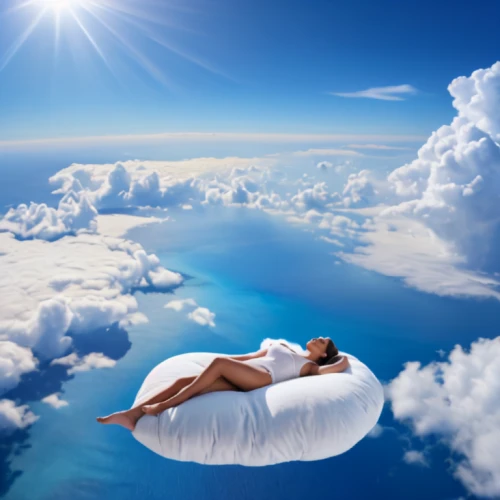 floating island,self hypnosis,waterbed,air mattress,carbon dioxide therapy,woman laying down,inflatable mattress,dreaming,cloud image,dreamland,divine healing energy,relaxation,above the clouds,flotation,energy healing,dream world,single cloud,floating over lake,sky space concept,adrift