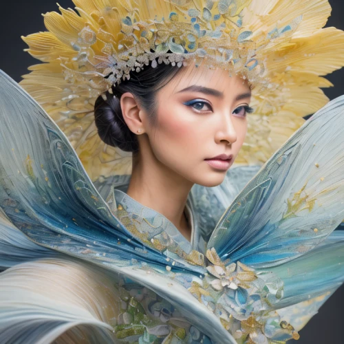 fairy peacock,miss vietnam,inner mongolian beauty,asian costume,taiwanese opera,peacock,chinese art,blue peacock,beautiful bonnet,oriental princess,feather headdress,fairy queen,fantasy portrait,oriental painting,azerbaijan azn,xuan lian,peacock feathers,amano,headdress,peafowl