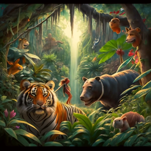 forest animals,woodland animals,tropical animals,jungle,king of the jungle,tigers,hunting scene,the law of the jungle,animals hunting,animal world,animal kingdom,rain forest,cartoon forest,children's background,tropical jungle,rainforest,wild animals,zookeeper,chestnut tiger,deep zoo