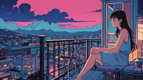 rooftops,rooftop,paris balcony,on the roof,sky apartment,summer evening,window sill,bedroom window,balcony,windowsill,in the evening,evening atmosphere,roof landscape,shirakami-sanchi,pink dawn,above the city,roof top,city lights,evening city,2d,Illustration,Japanese style,Japanese Style 06