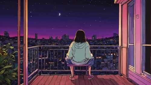 city lights,stargazing,starlight,rooftop,citylights,falling stars,rooftops,clear night,fireflies,night sky,starry sky,dream world,nightsky,nighttime,the night sky,balcony,paris balcony,falling star,night-blooming jasmine,longing,Illustration,Japanese style,Japanese Style 05