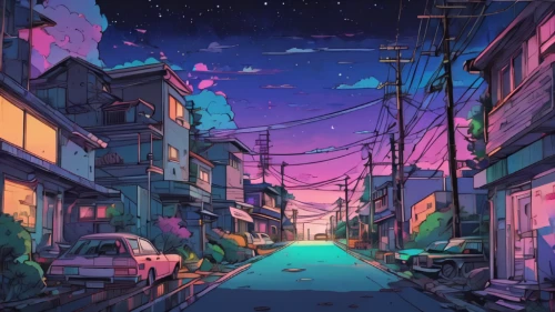 dusk background,colorful city,would a background,alley,music background,tokyo city,city lights,alleyway,dusk,dream world,background screen,neon arrows,art background,evening city,digital background,musical background,backgrounds,street lights,suburb,the road,Illustration,Japanese style,Japanese Style 06