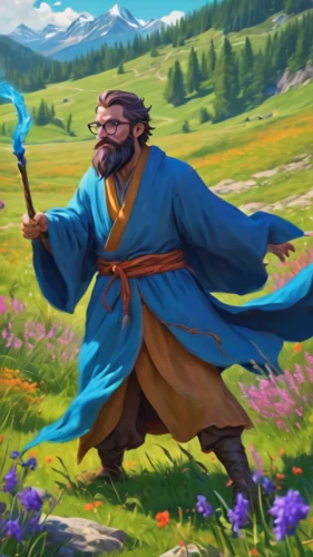 monsoon banner,monk,bard,the wanderer,tatarian aster,scandia gnome,mountain guide,druid,druid grove,the spirit of the mountains,indian monk,magus,mongolian,novruz,game illustration,lavandula,druid stone,mountain spirit,art bard,monks,Conceptual Art,Fantasy,Fantasy 31