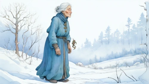 old woman,winterblueher,elderly lady,the snow queen,grandmother,suit of the snow maiden,father frost,swath,elsa,elderly person,old age,grandma,winter background,jrr tolkien,pensioner,granny,male elf,game illustration,white walker,winter dress,Illustration,Realistic Fantasy,Realistic Fantasy 04