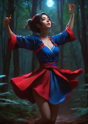 ballerina in the woods,red riding hood,little red riding hood,little girl twirling,twirling,red tunic,fantasy picture,man in red dress,digital compositing,mystical portrait of a girl,scarlet witch,fantasia,hanbok,mulan,fantasy woman,fantasy portrait,world digital painting,red and blue,red-blue,dancer,Conceptual Art,Fantasy,Fantasy 15