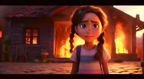 agnes,animated cartoon,cute cartoon image,tangled,clove,worried girl,animation,burning house,the little girl,child crying,trailer,girl walking away,digital compositing,wildfire,visual effect lighting,main character,the girl's face,toy's story,croft,moana
