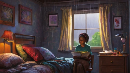the little girl's room,girl studying,sci fiction illustration,evening atmosphere,girl at the computer,boy's room picture,the girl in nightie,little girl reading,morning light,the evening light,woman thinking,nightstand,transistor,one room,children's bedroom,bedroom,bedroom window,evening light,background image,reading,Illustration,American Style,American Style 01