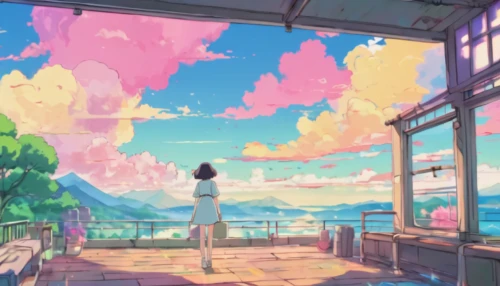 summer sky,atmosphere,dream world,pastel colors,summer day,rainbow color palette,dreamland,studio ghibli,dream beach,daydream,aesthetic,芦ﾉ湖,scenery,summer evening,the horizon,sky apartment,summer background,background screen,would a background,clouds - sky