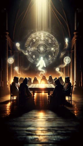 exo-earth,orchestral,holy supper,divination,orchestra,photomanipulation,composite,zodiac,photo manipulation,cabal,round table,ufo,digital compositing,eucharistic,sci fiction illustration,eucharist,cg artwork,pantheon,ufos,communion